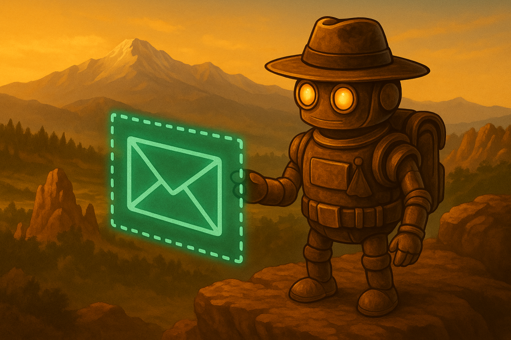 Contact 3 Vintage-styled robot in a ranger hat holds a glowing digital envelope over a Rocky Mountain landscape at sunset, symbolizing Pioneer Marketing’s outreach.