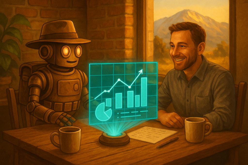 Contact 1 Marketing robot in ranger hat projecting hologram at coffee meeting with Colorado business owner inside rustic office