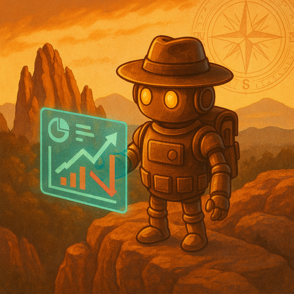 About 5 Friendly bronze robot in a cowboy hat projects a teal analytics dashboard (CTR up, CPA down) while standing on Garden of the Gods cliffs at sunset, with a faint compass in the sky.