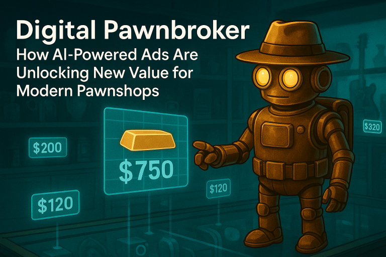 Trail Bot in a futuristic pawnshop using a holographic display to price a gold bar, with the blog title “Digital Pawnbroker: How AI-Powered Ads Are Unlocking New Value for Modern Pawnshops” overlaid