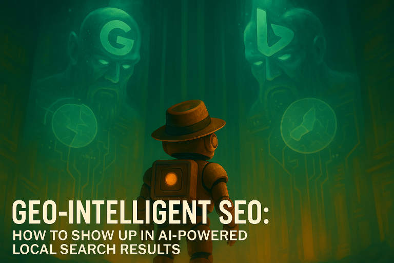 Trail Bot looks up at colossal Google and Bing deity figures; blog title overlay “Geo‑Intelligent SEO”.