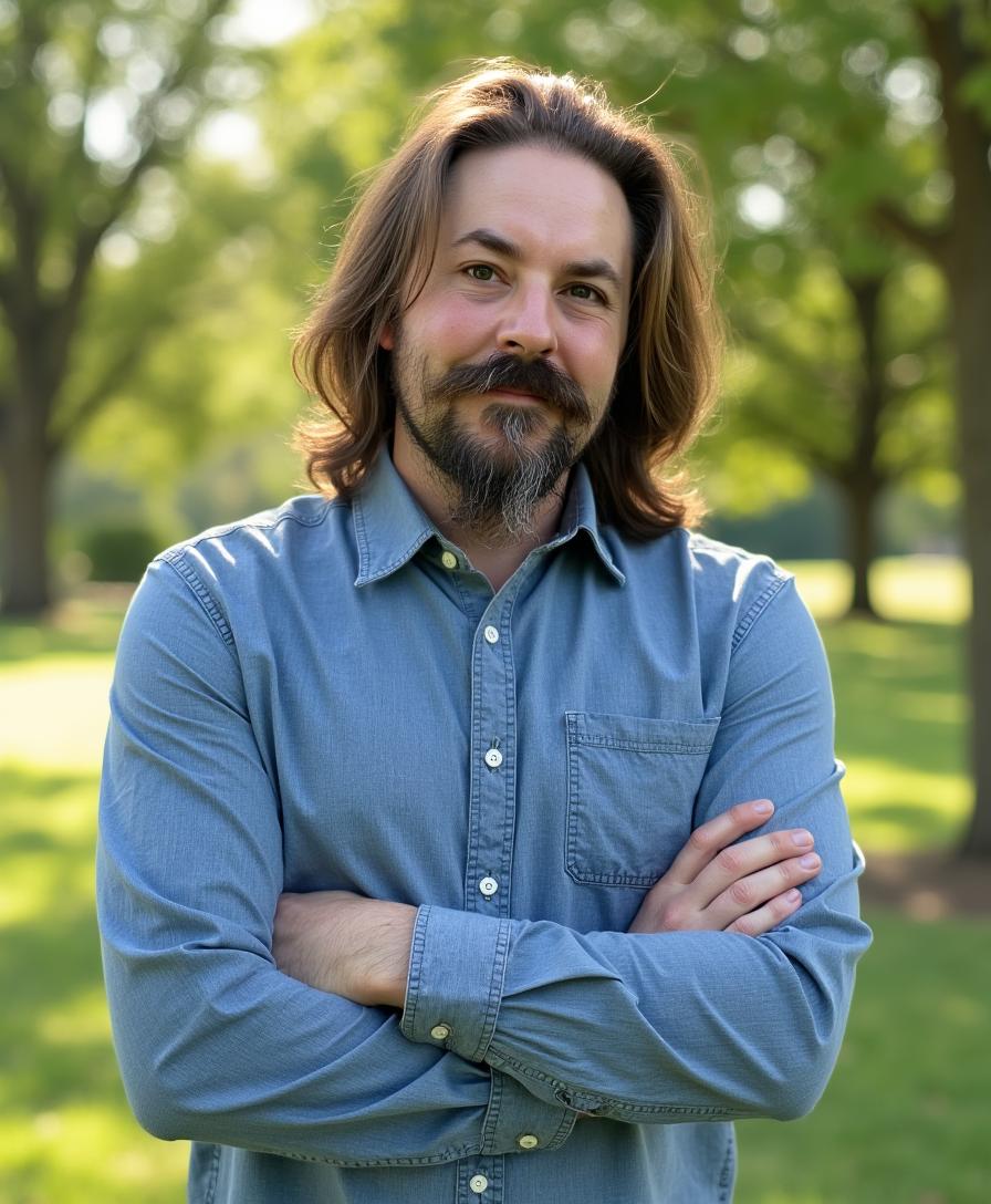 About 6 Ross Lazar standing outdoors with arms crossed, wearing a denim button-up shirt, smiling confidently in a sunlit park setting