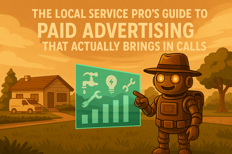 Vintage-style robot wearing a fedora stands on a suburban lawn, pointing at a glowing turquoise analytics dashboard while a service van and house sit in the background; headline reads “The Local Service Pro’s Guide to Paid Advertising That Actually Brings in Calls.”