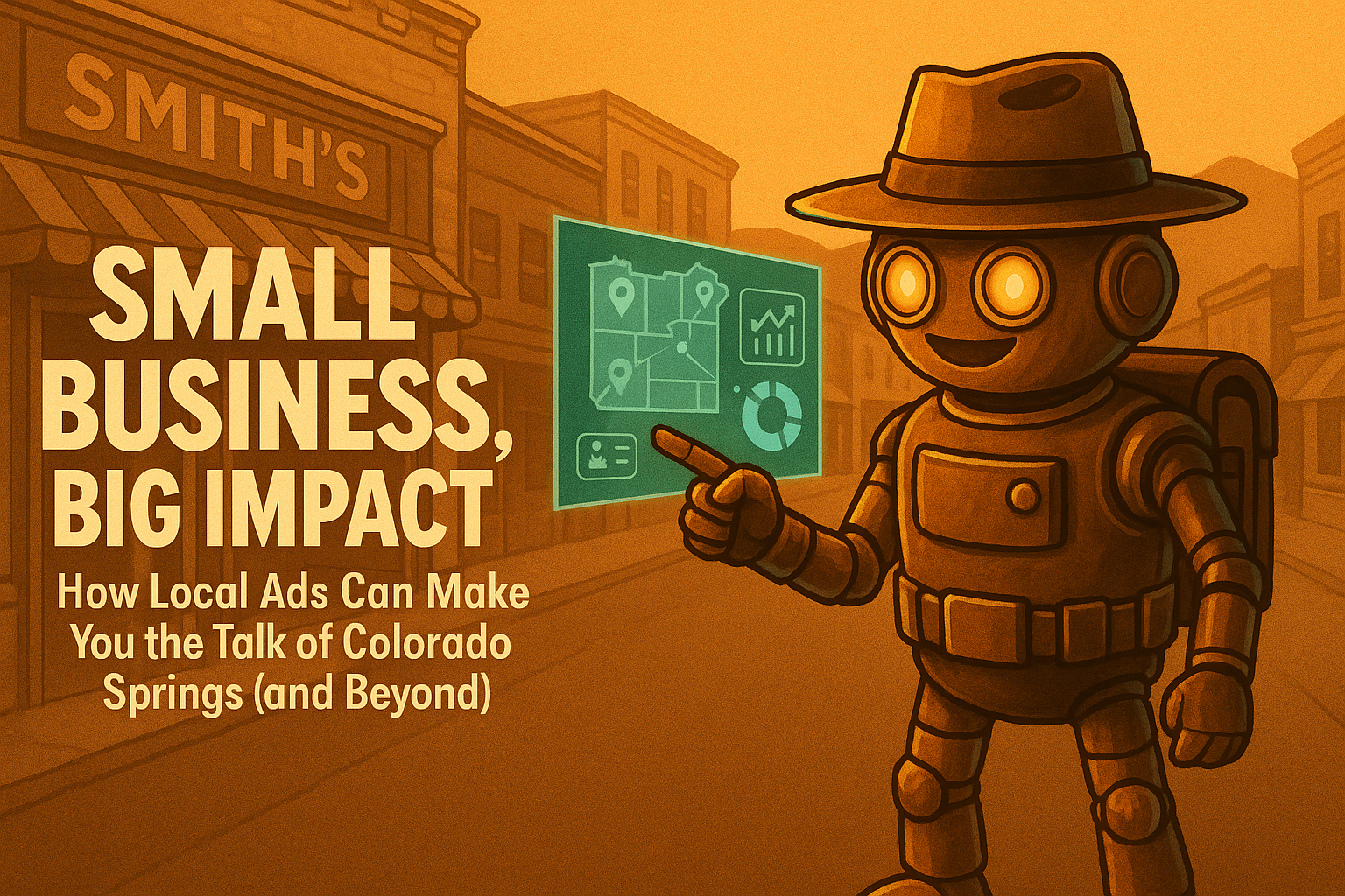 Vintage-style robot pointing at a glowing turquoise dashboard on a small-town main street, with the headline “Small Business, Big Impact: How Local Ads Can Make You the Talk of Colorado Springs (and Beyond).”