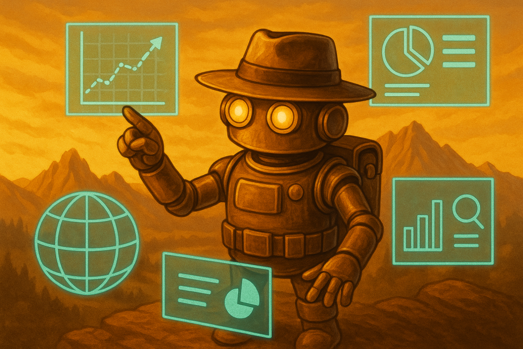 Trail Bot wearing a fedora interacts with multiple glowing holographic dashboards on a mountain cliff during golden hour