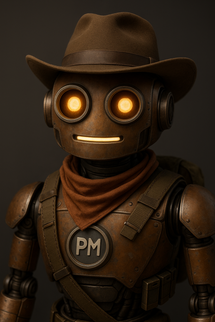 About 2 Hyper-realistic AI robot wearing a cowboy hat and bandana, with glowing amber eyes and a PM badge on its chest