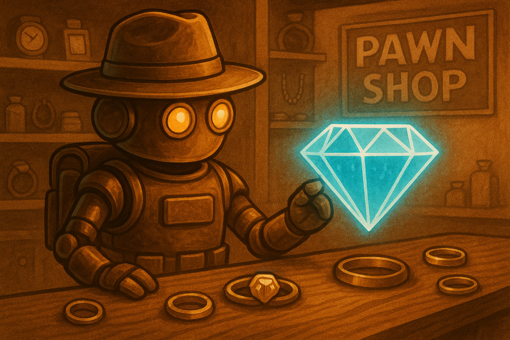 Pawnshop Marketing 2 Trailbot robot on the left examining a large glowing diamond hologram in a vintage pawn shop
