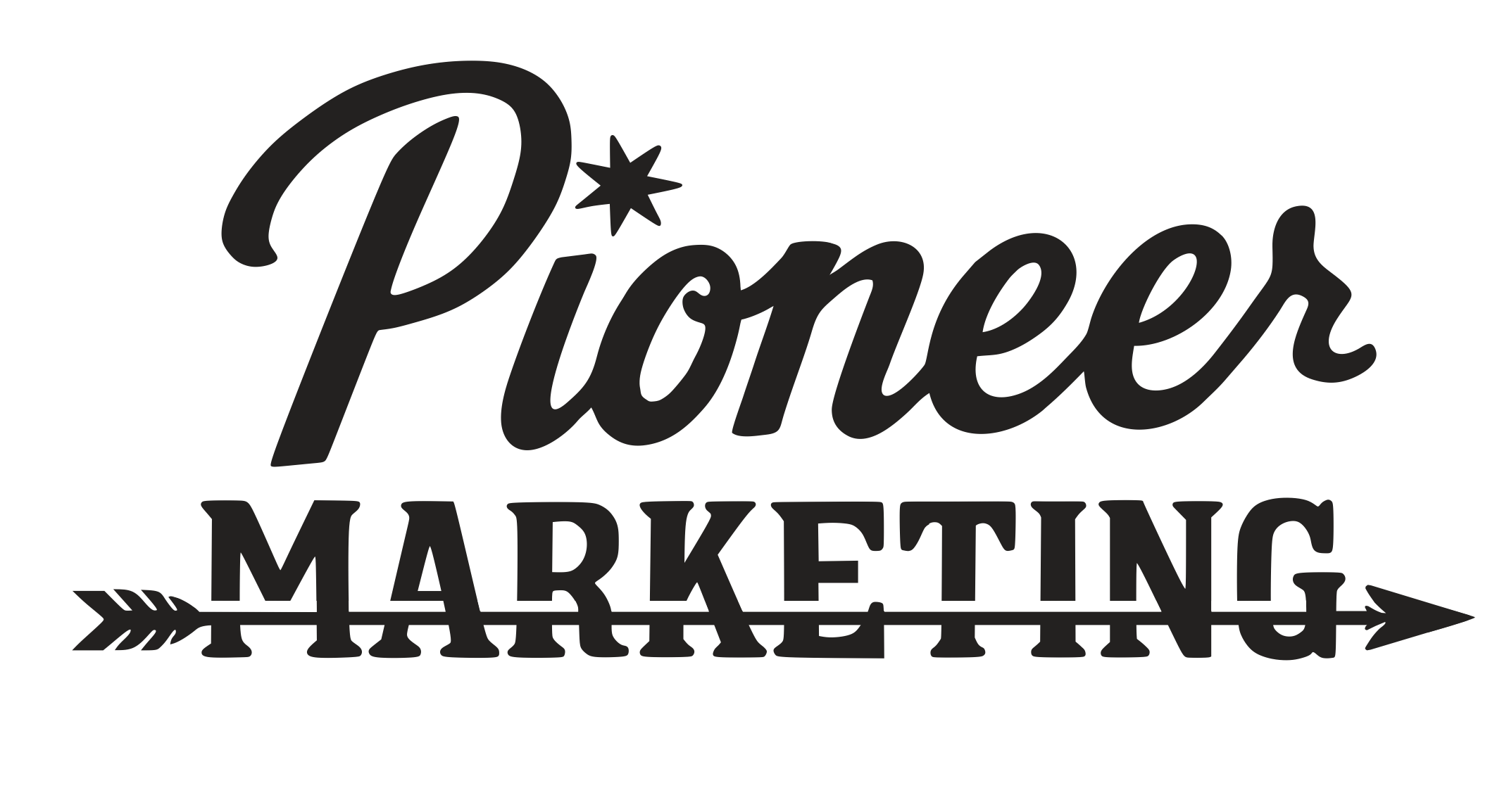 Pioneer Marketing logo with script font and arrow design