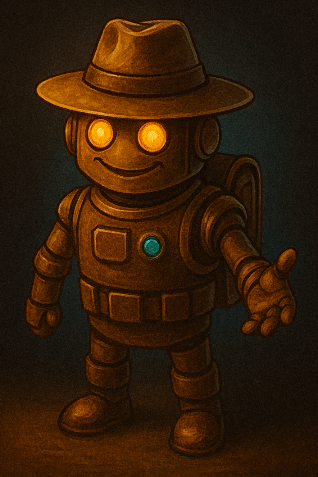 Free AI Growth Audit 1 Trailbot, the Pioneer Marketing robot mascot in a fedora