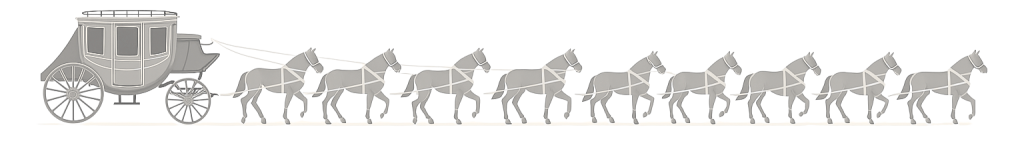 Stagecoach Hosting 1 Illustration of a stagecoach pulled by a long line of mules, representing Stagecoach Hosting