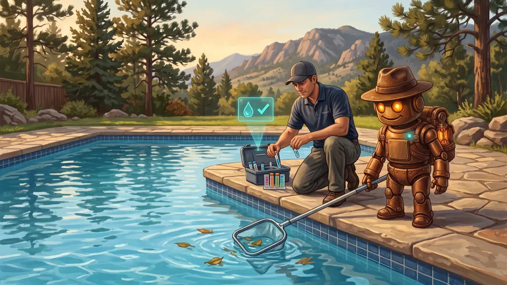 Pool Service Marketing 1 A pool service technician testing the water in a Colorado backyard pool while TrailBot skims leaves with a pool net, the steady route work pool service marketing keeps booked
