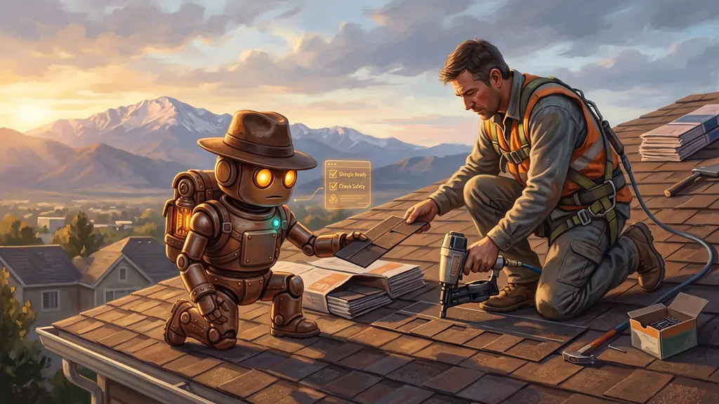 Roofing Marketing 1 A roofer nailing new shingles on a Colorado Springs roof with Pikes Peak behind, while TrailBot hands him the next shingle, the kind of help good roofing marketing gives a crew