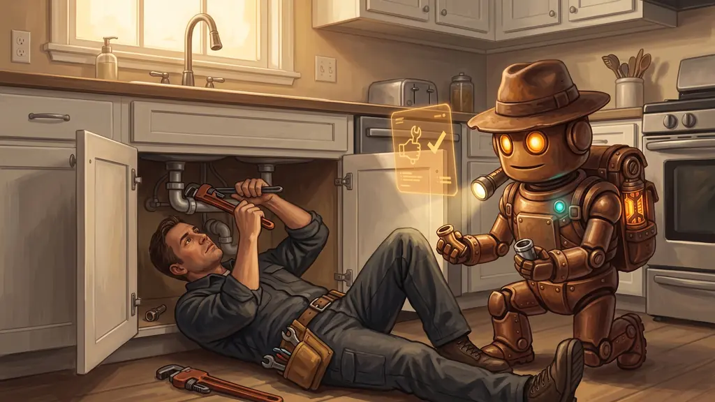 A plumber working under a kitchen sink with a pipe wrench while TrailBot holds a flashlight and the next fitting, the service call plumbing marketing is built to fill