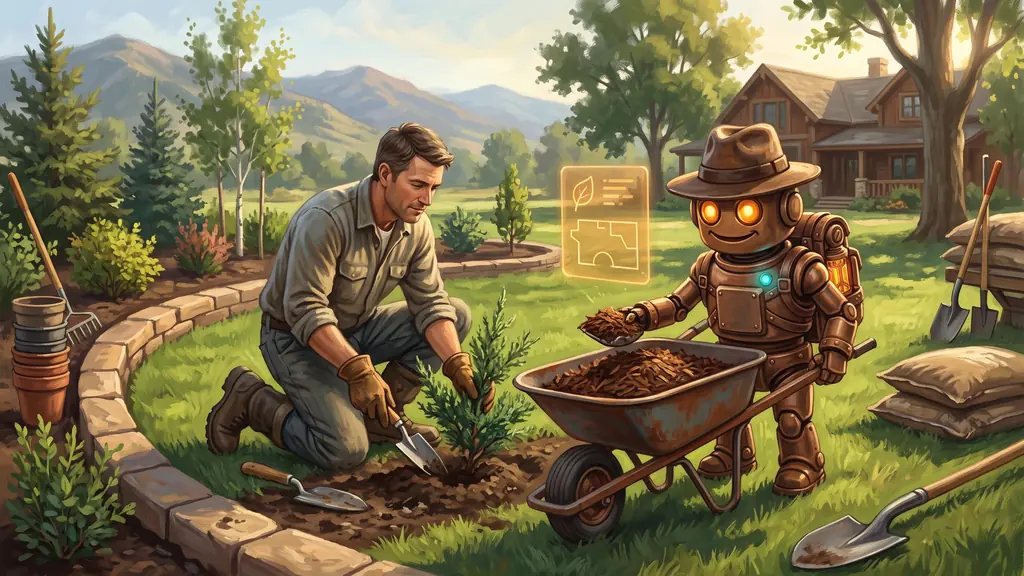 Landscaping Marketing 1 A landscaper planting a shrub in a Colorado front yard while TrailBot brings over a wheelbarrow of mulch, the kind of install landscaping marketing keeps on the schedule