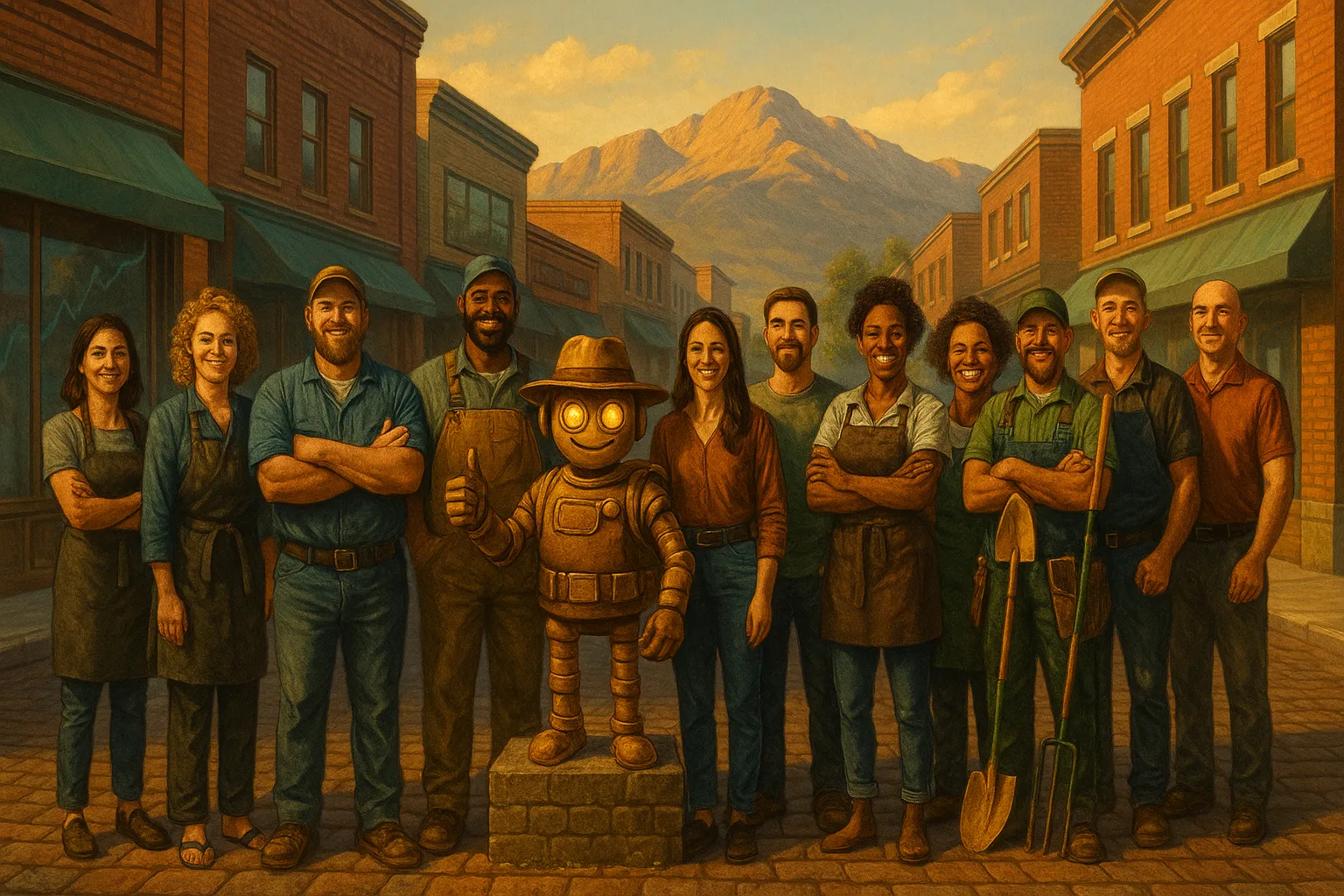 About 4 Twelve diverse Colorado business owners, including a black-belt dojo instructor, plumber, landscaper, and pawnshop manager, stand full-length with a bronze trail-bot giving a thumbs-up on an Old Colorado City street; Pikes Peak in background, subtle teal growth chart in shop window.