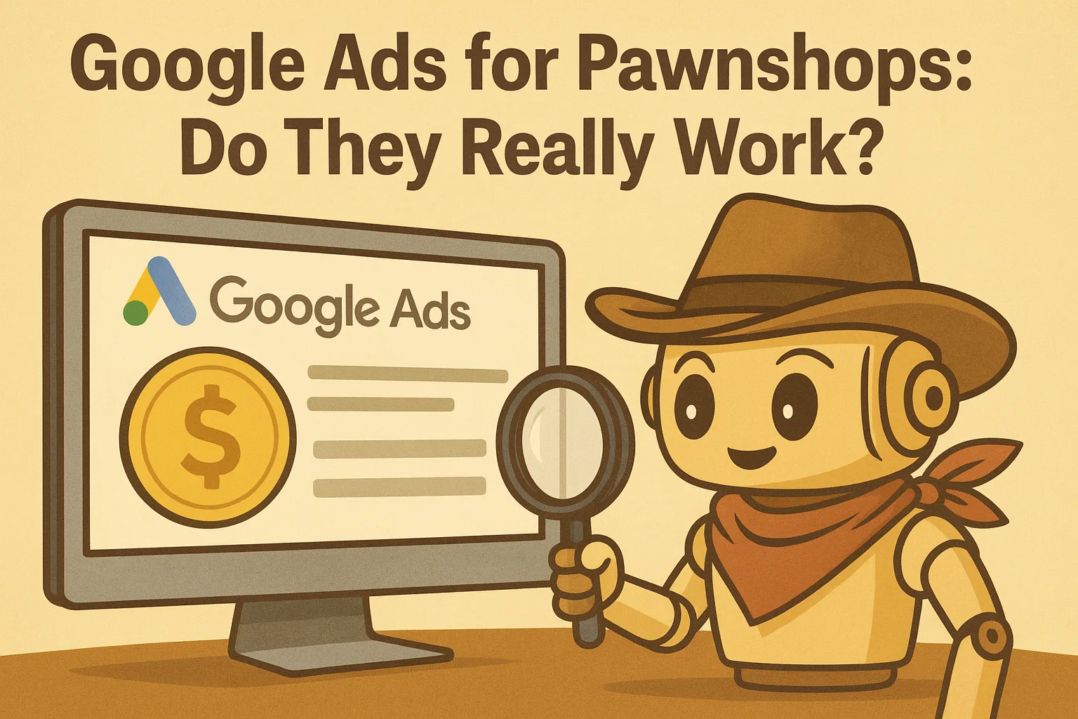 Pioneer Trail Bot examining a Google Ads interface with a magnifying glass beside the headline “Google Ads for Pawnshops: Do They Really Work?”
