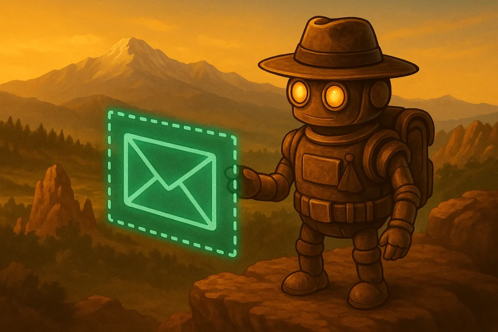 Contact 2 Vintage-styled robot in a ranger hat holds a glowing digital envelope over a Rocky Mountain landscape at sunset, symbolizing Pioneer Marketing’s outreach.