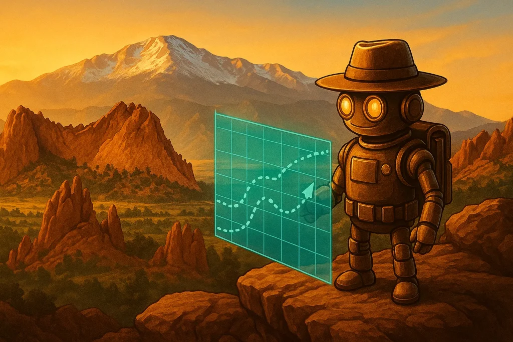 Privacy Policy 1 Bronze trail-blazer robot on Garden of the Gods cliff at sunrise projects a teal growth path toward Pikes Peak.