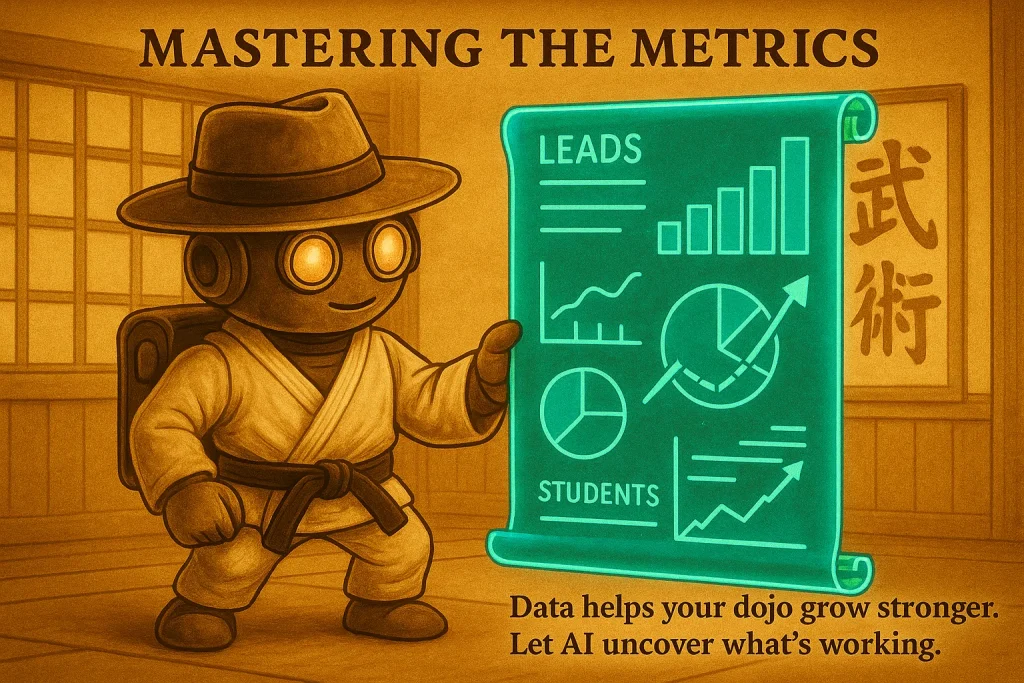 Trail Bot studying a holographic scroll with lead and student data charts