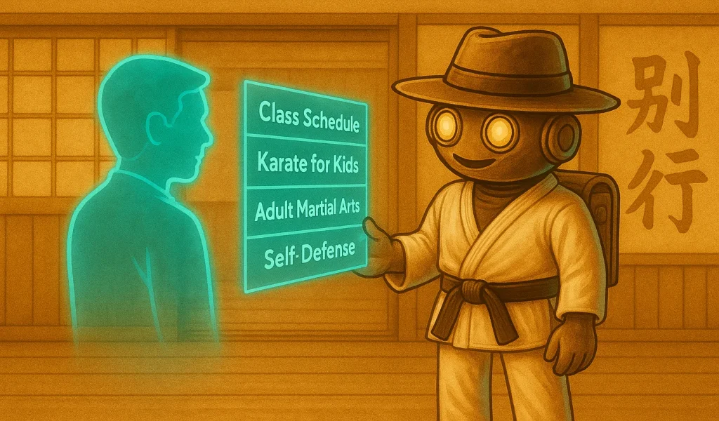 Trail Bot greeting a holographic parent lead while showcasing class options