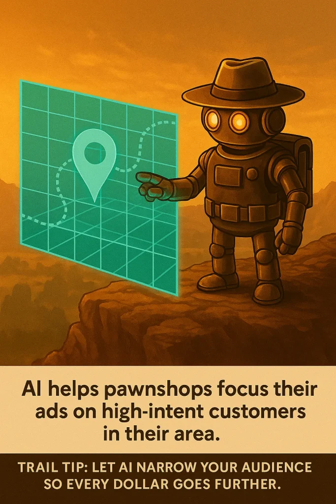 Digital Pawnbroker: How AI Powered Ads Are Unlocking New Value for Modern Pawnshops 2 Trail Bot hovering over a digital map, targeting local pawn customers with AI powered ads