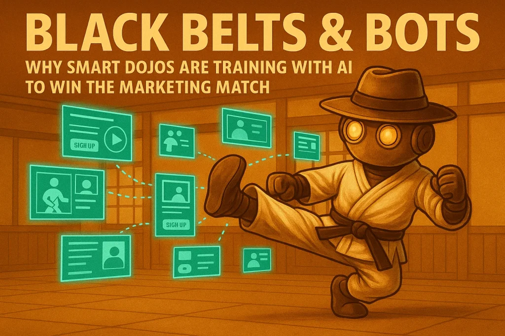 How Martial Arts Studios Can Use Paid Ads to Kick Competition in the Teeth 2 Trail Bot in a karate gi kicking through holographic ad variations, testing paid ads for martial arts studios inside a dojo