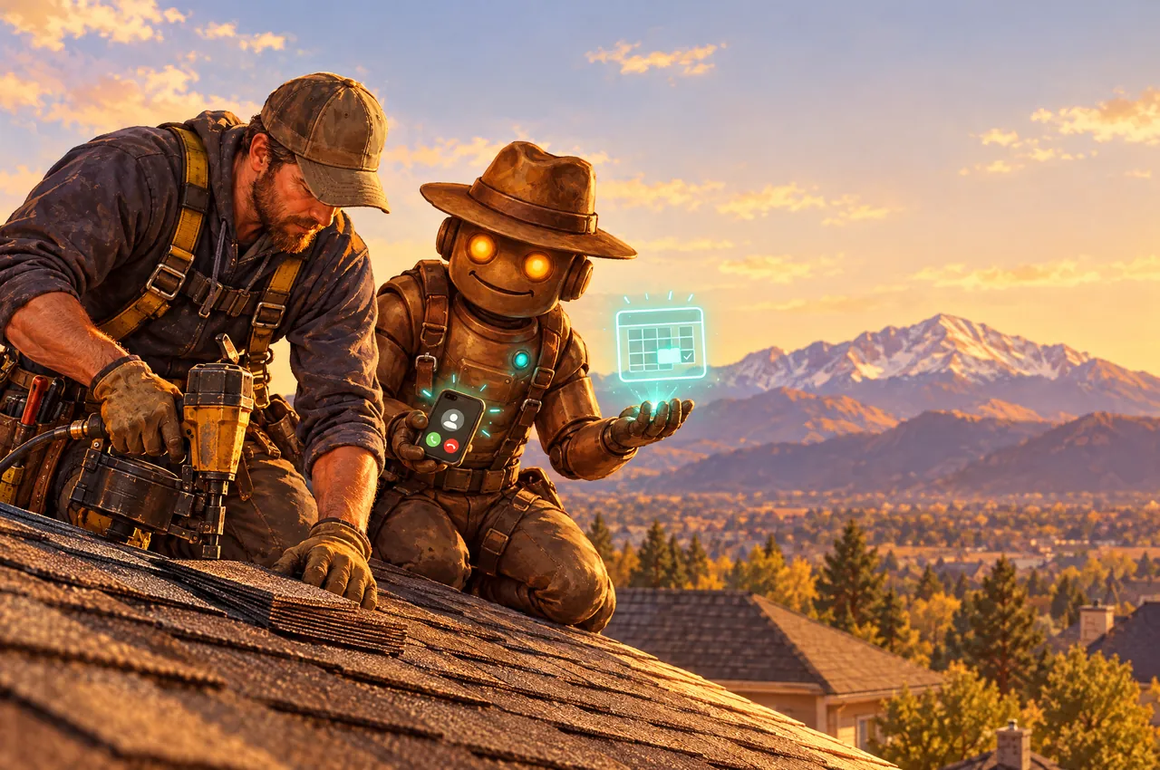 Home 2 Pioneer TrailBot, a bronze robot in a brown fedora, kneels on a Colorado roof beside a roofer running a nail gun and answers his ringing phone, holding up a glowing calendar hologram as the appointment gets booked, with Pikes Peak behind them