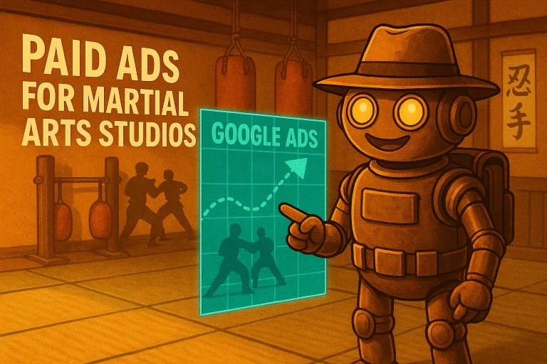 Landscape illustration of a vintage robot in a dojo, smiling and pointing at a glowing Google Ads chart showing rising performance; wooden training gear and Japanese kanji banner in the background