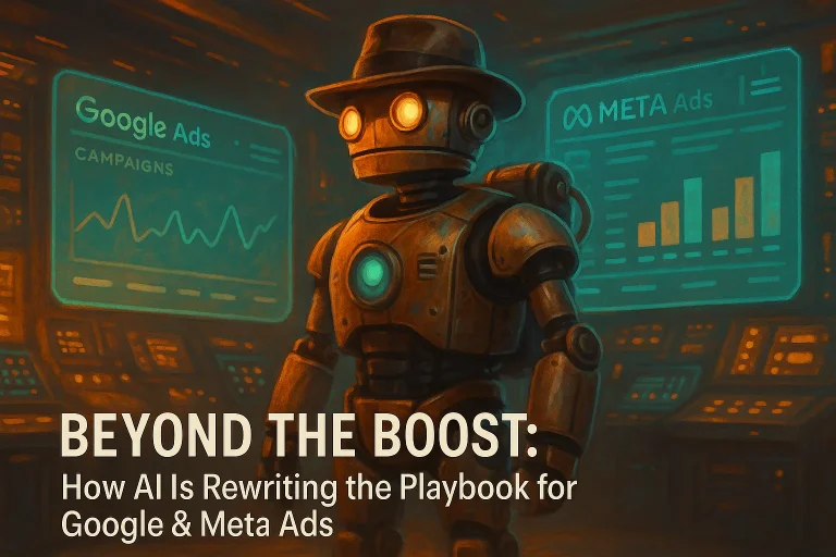 Trail Bot standing in a futuristic control center with holographic Google and Meta Ads dashboards glowing around him.