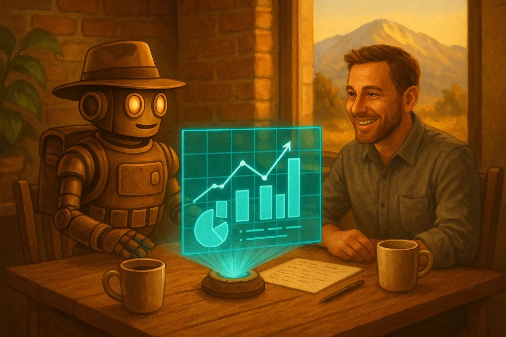 Pricing 1 Trail Bot going over marketing pricing Colorado Springs business owners can plan around, at a coffee meeting in a rustic office
