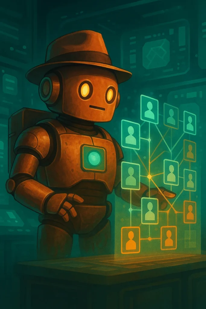 Trail Bot projecting a teal holographic audience grid for Google and Meta ads targeting.