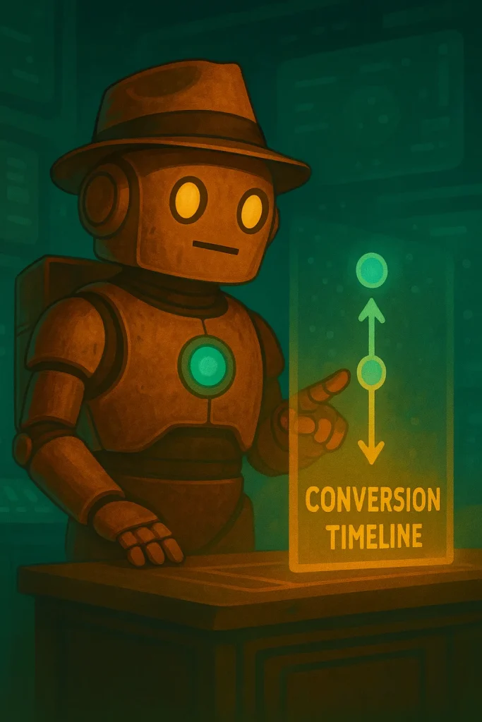 Trail Bot pointing at a vertical holographic conversion timeline with glowing teal nodes.