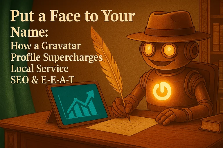 Trail Bot in a fedora sits at a wooden desk, writing with a feather quill on a digital tablet displaying the Gravatar logo. Behind him is a teal curtain and bookshelf, with the blog title displayed prominently.