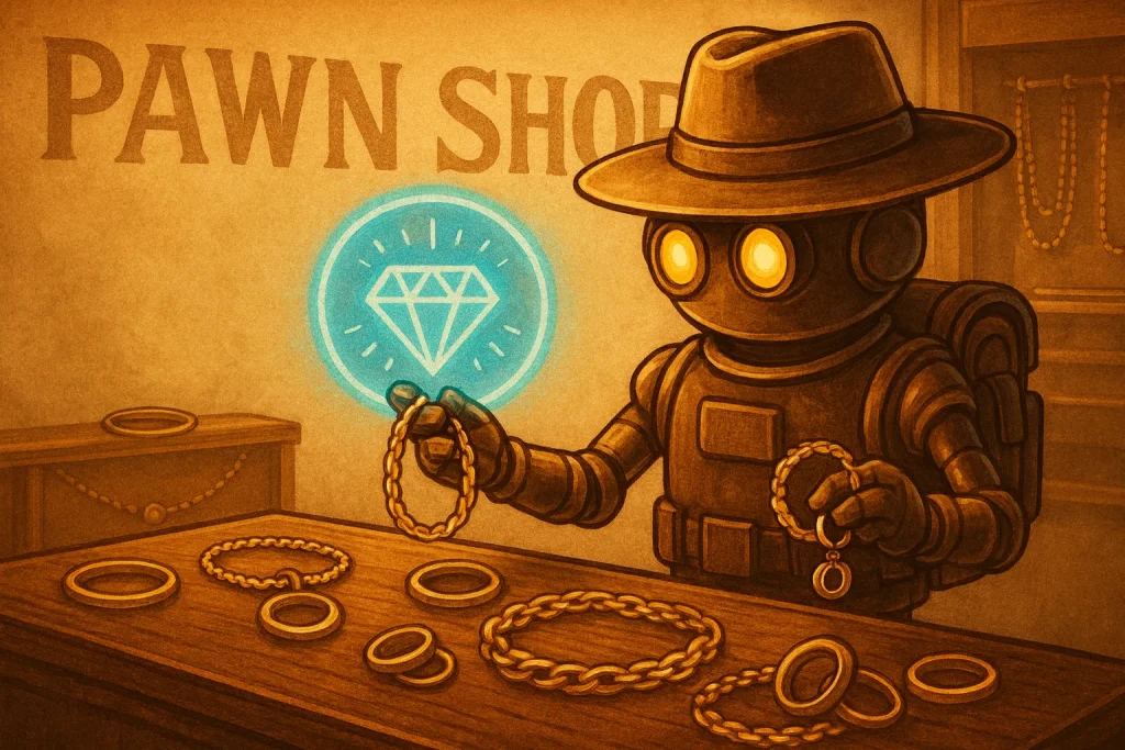 Google Ads for Pawnshops: Do They Really Work? 2 Trail Bot appraising gold jewelry in a pawn shop, the kind of inventory Google Ads for pawnshops can promote without policy trouble