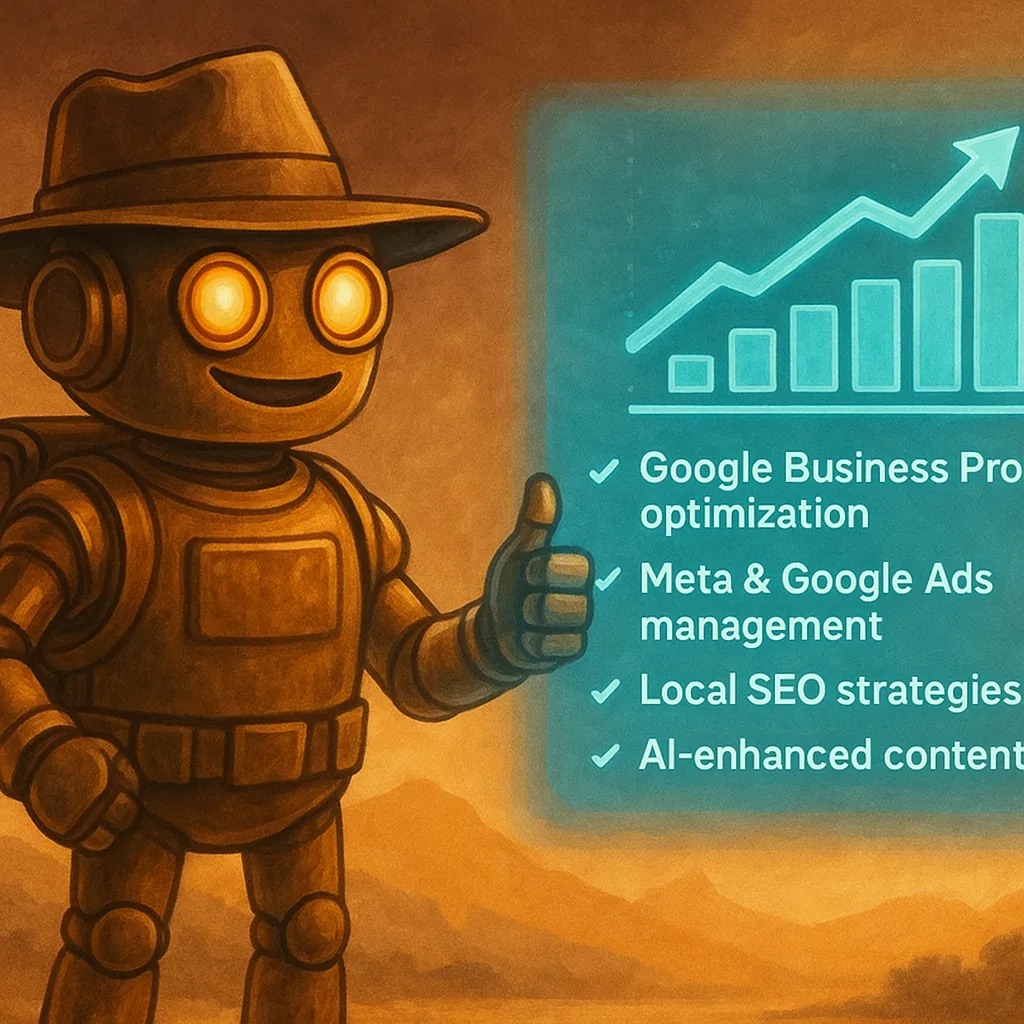 Trail Bot projecting the digital marketing services Colorado Springs clients get from Pioneer Marketing: Google Business Profile, Meta and Google Ads, local SEO and AI content