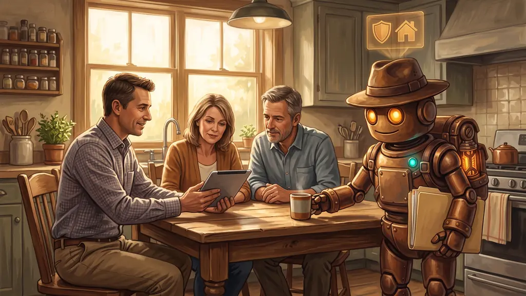 Life Insurance Marketing 1 A life insurance agent walking a couple through a policy on a tablet at their kitchen table while TrailBot sets down coffee, the kind of appointment life insurance marketing sets
