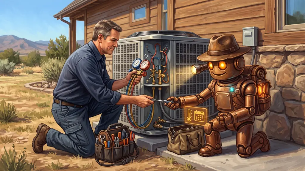 HVAC Marketing 1 An HVAC technician reading refrigerant gauges on an outdoor AC condenser at a Colorado home while TrailBot holds a flashlight and hands him a tool, the kind of job HVAC marketing keeps booked in both seasons